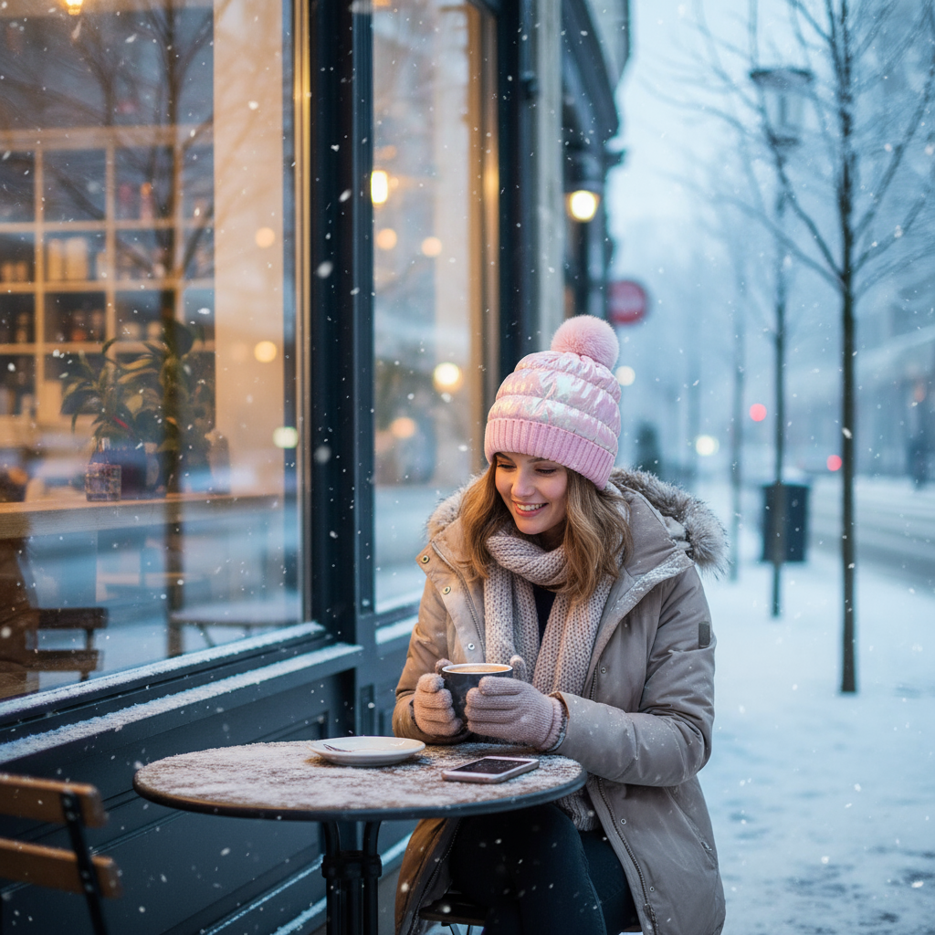 Metallic Puffer Beanie Quilted Thermal Sherpa Lined Winter Hat Faux Fur Pompom Cap