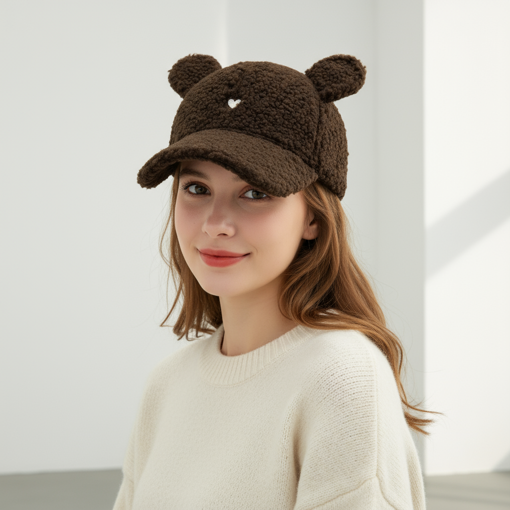 Plush Faux Lambswool Fur Teddy Hat Embroidered Heart Tall Ears Adjustable Cap