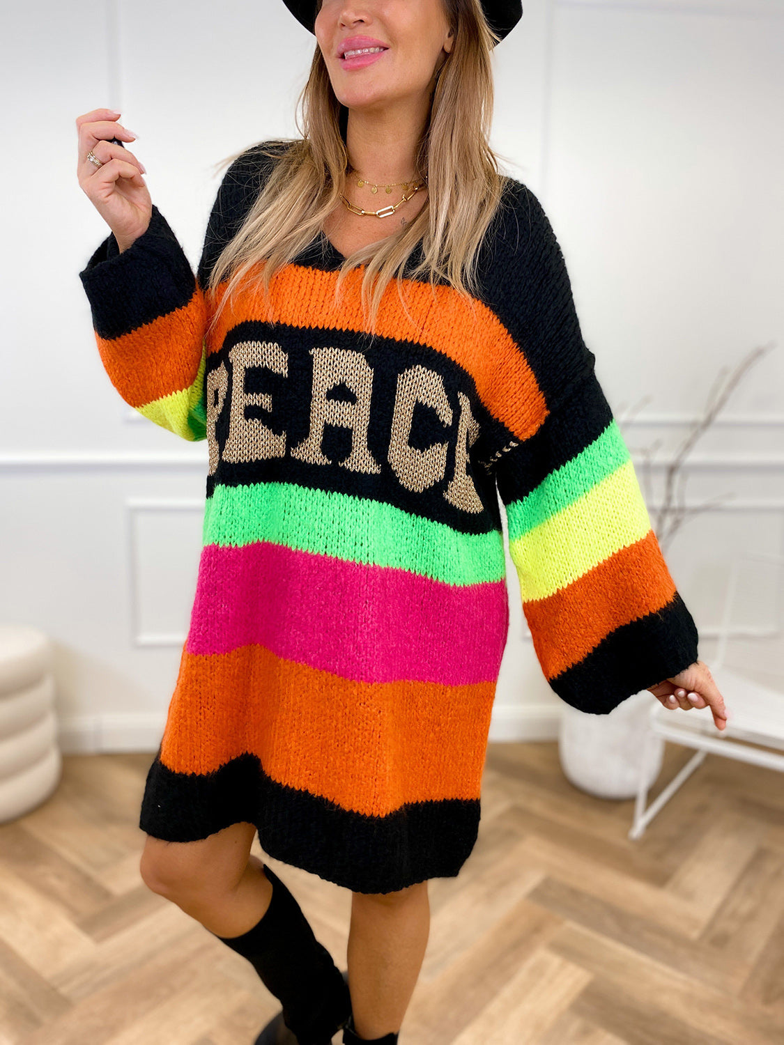 PEACE Oversized Knit Sweater Dress Colorful Contrasting Long Sleeve Knee Midi