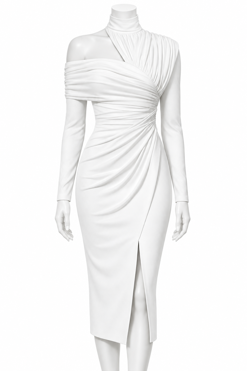 Asymmetrical One Shoulder Mock Neck Ruched Bodycon Midi Dress High Front Slit
