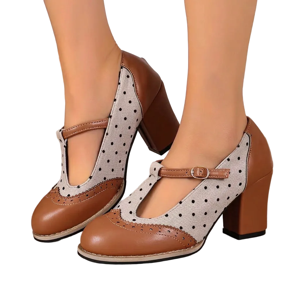 Retro Vintage Spectator T-Strap Mary Jane Pin-up Pumps Polka Dot Block Heel Shoes
