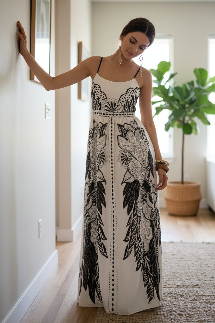 Riviera Island Scoop Neck Spaghetti Strap Smocked Back A-line Boho Cami Maxi Dress