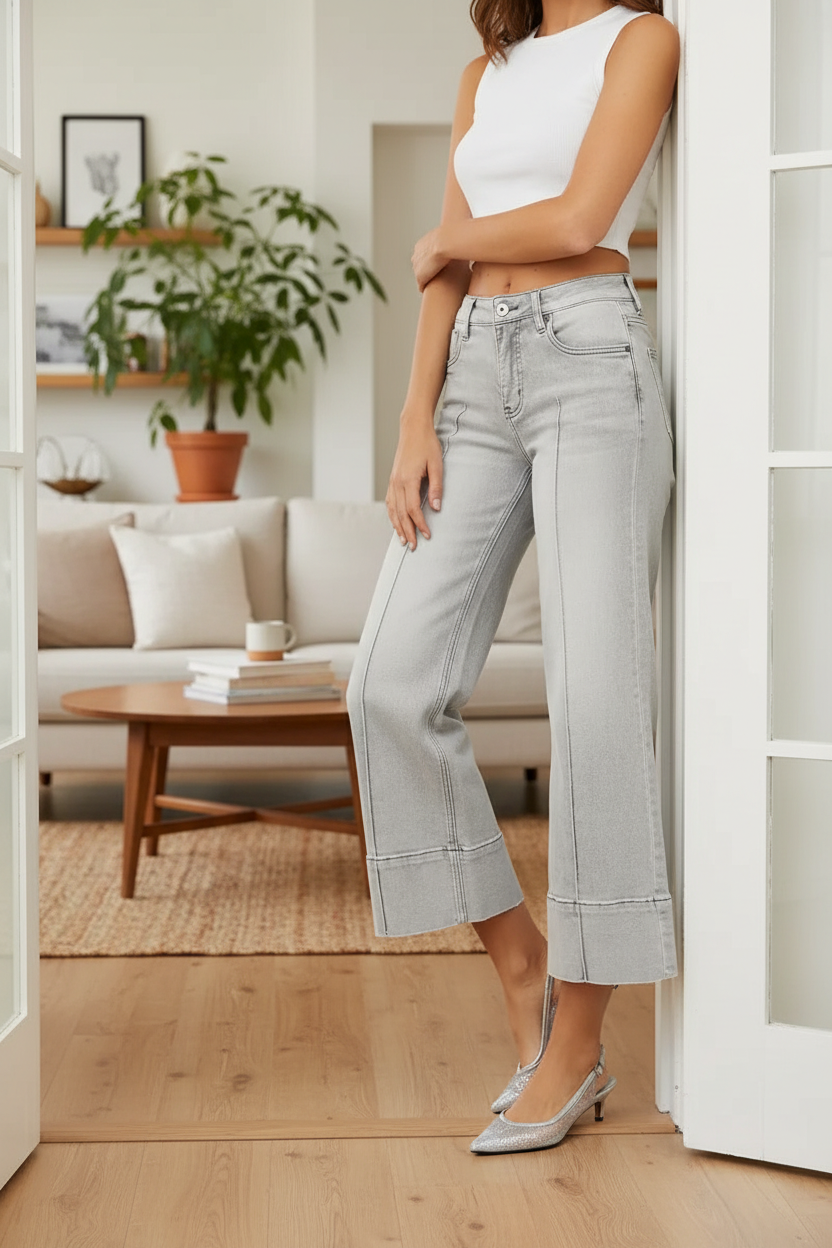 Risen Tummy Control Mid Rise Slim Fit Crop Wide Leg Jeans Pintuck Seam Denim Pants Light Gray