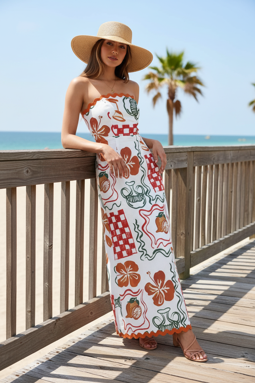 Tropical Artsey Strapless Rick Rack Wave Trim Smocked Back Maxi Dress