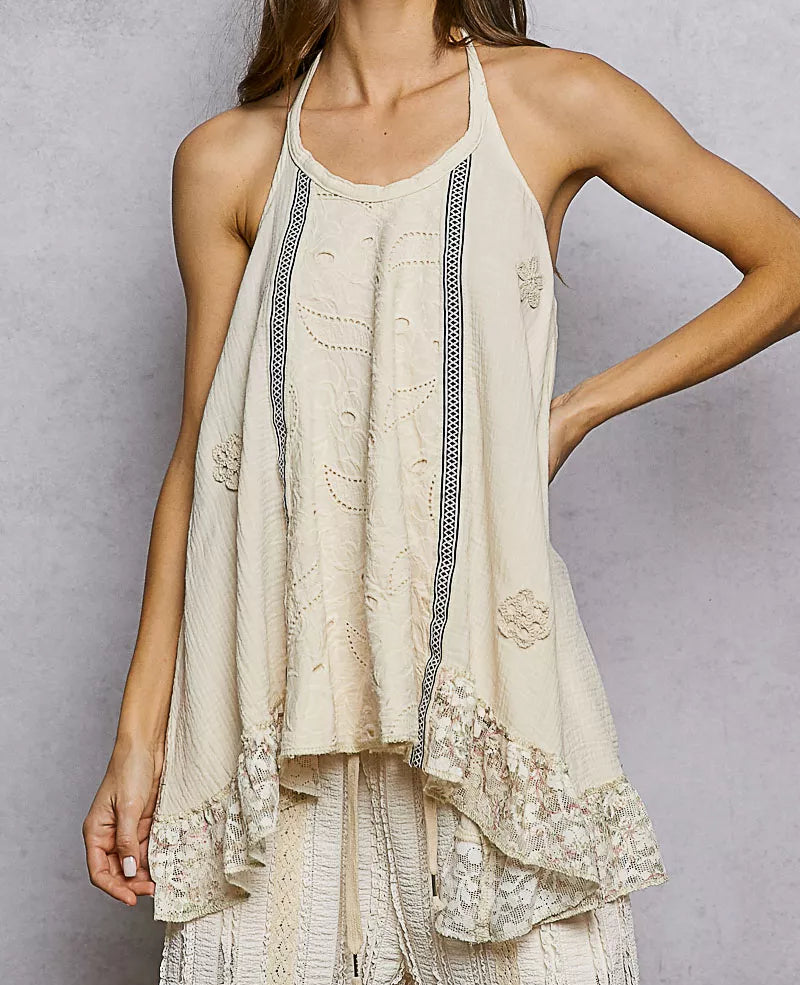 POL Lace Ruffle Eyelet Mixed Patchwork Gauze Halter Top Open Back Tunic Shirt Natural Cream