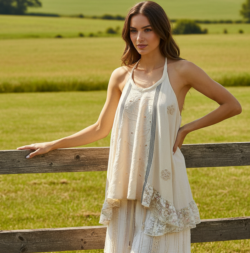 POL Lace Ruffle Eyelet Mixed Patchwork Gauze Halter Top Open Back Tunic Shirt Natural Cream