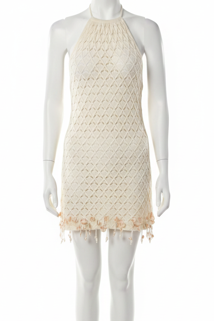 Seashell Trim Openwork Knit Halter Neck Sleeveless Mini Dress Apricot