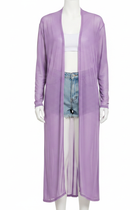 Zenana Sheer Mesh Open Front Long Sleeve Lightweight Jacket Longline Cardigan Lavender Purple