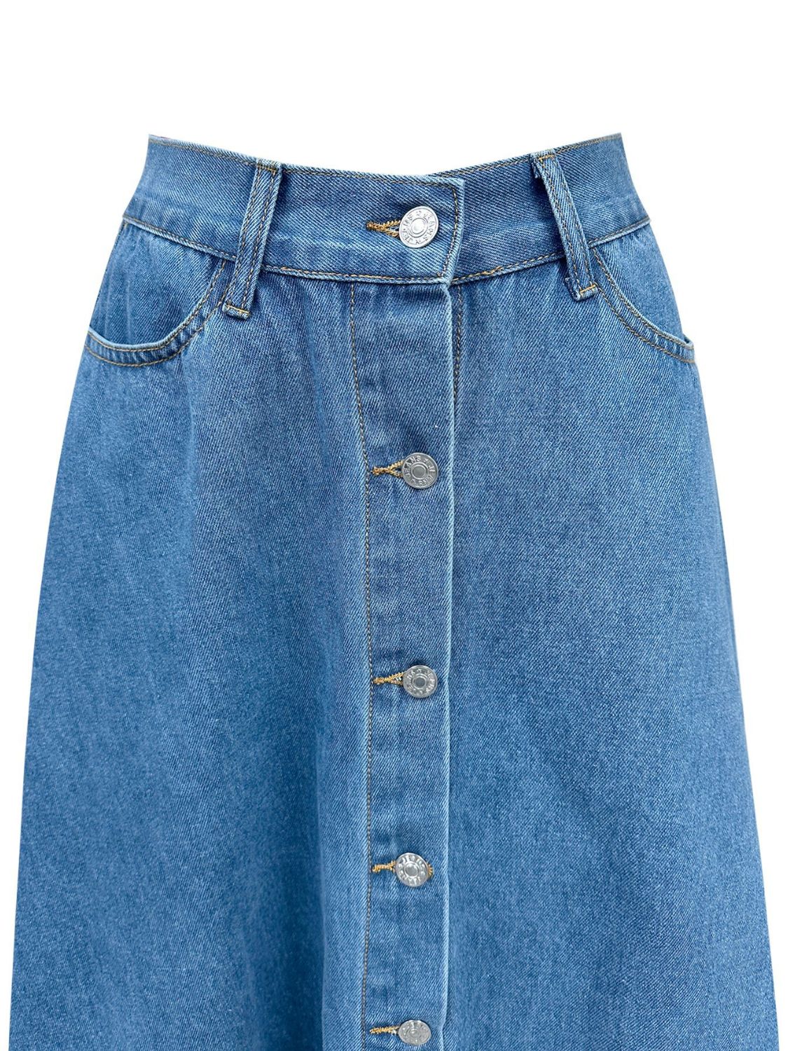 Retro High-Rise Midi Button Front Flare A-line Poque Blue Jean Circle Denim Skirt Pockets