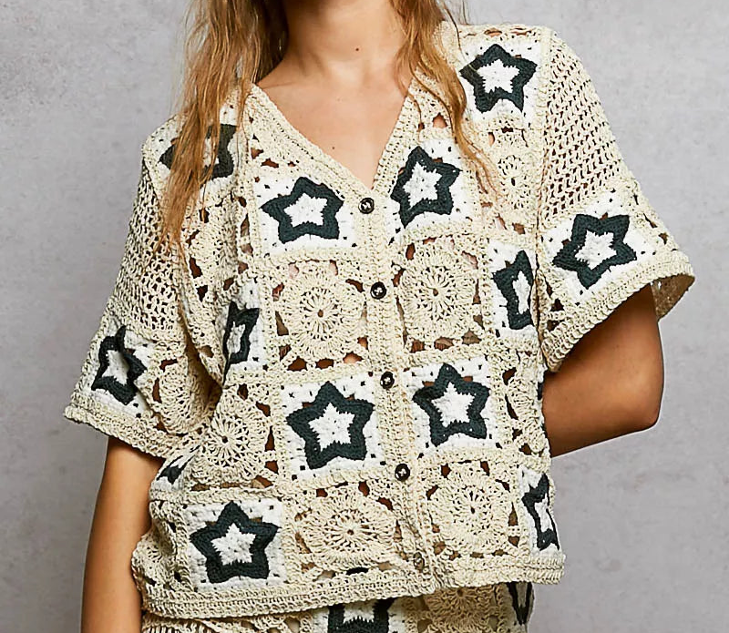 POL Granny Square Star Patchwork Crochet Top Button-Up Shirt Retro Knit Cardigan Indigo Blue