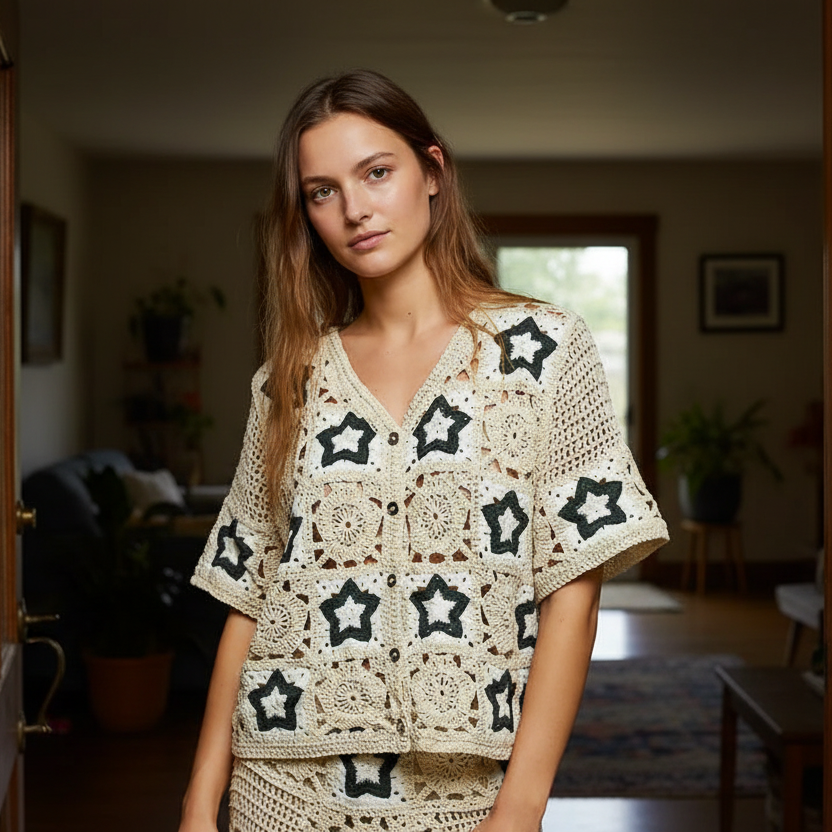 POL Granny Square Star Patchwork Crochet Top Button-Up Shirt Retro Knit Cardigan Indigo Blue