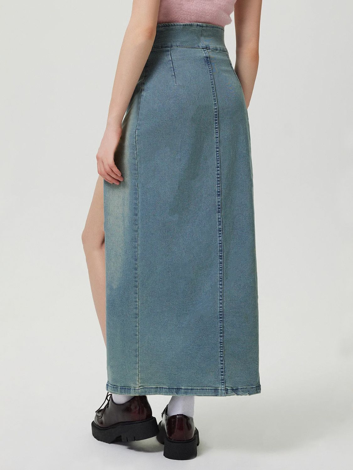 Zipper High-Rise Asymmetrical Cutout Slit Bent Seam Denim Retro Jean Midi Skirt