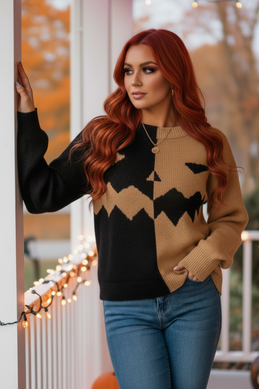 Halloween Knit Jack O’ Lantern Colorblock Relaxed Crew Neck Pullover Sweater