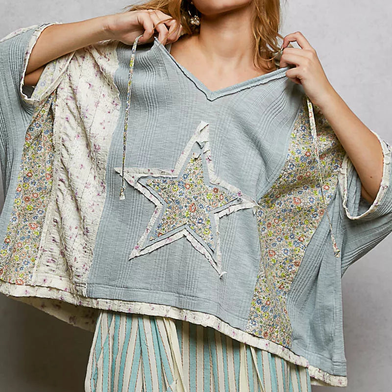 POL Star Oversized Floral Lace Patchwork Hoodie Blouse Raw Seam Retro Boxy Top Blue