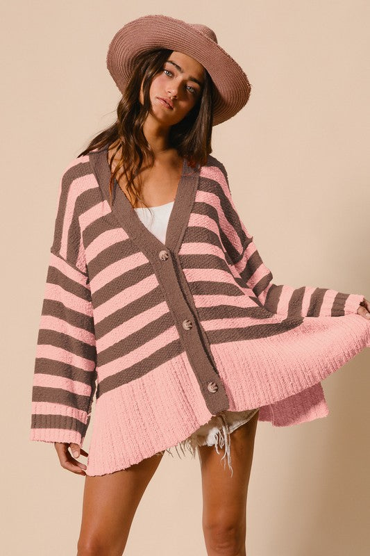 BiBi Oversized Knit Cardigan Slit Side Long Sleeve Stripe Soft Button-Up Sweater