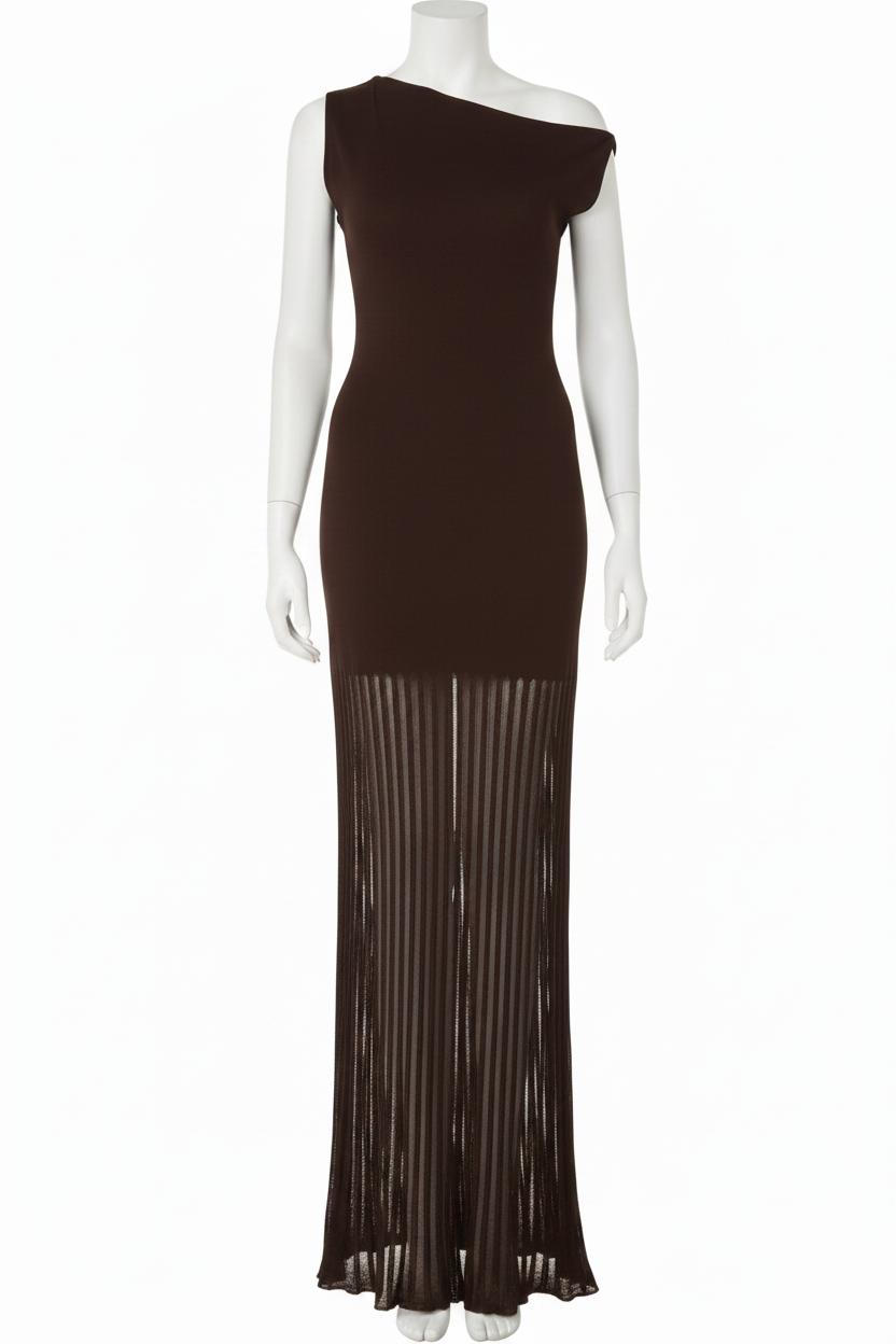 Asymmetrical One-Shoulder Mini Sheer Mesh Knit Bodycon Long Maxi Dress