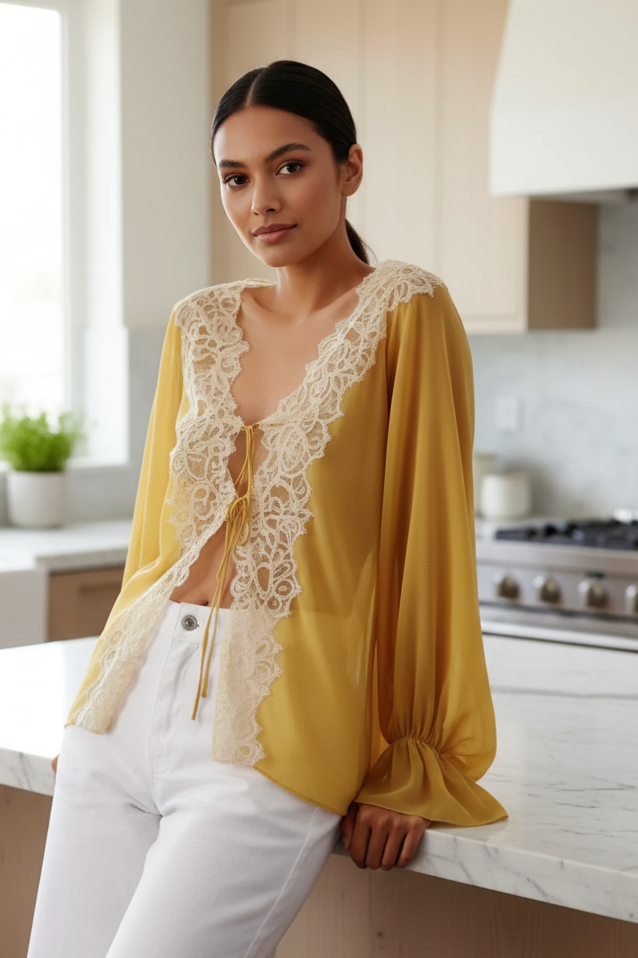 Bow Tie Front Sheer Chiffon Blouce Lace Trim Baloon Flounced Bell Cuff Sleeve