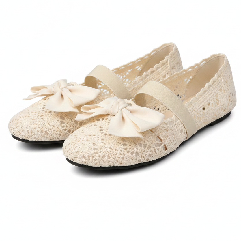 Large Bow Ballet Flats Crochet Lace Round Toe Scalloped Edge Slip-On Shoes