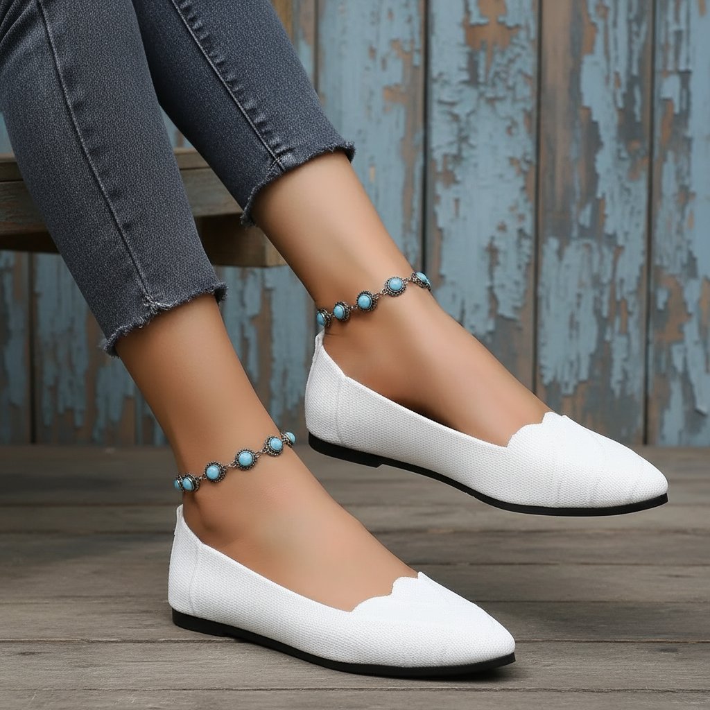 Jacquard Mesh Knit Pointed Toe Flats Slip-On Ballet Loafers Scalloped Edge Shoes