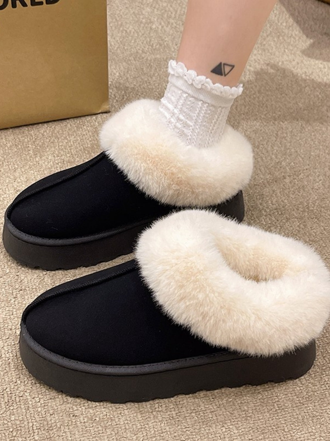 Platform Slippers Tazzette Plush Faux Fur Collar Slip-on Vegan Suede Winter Shoes