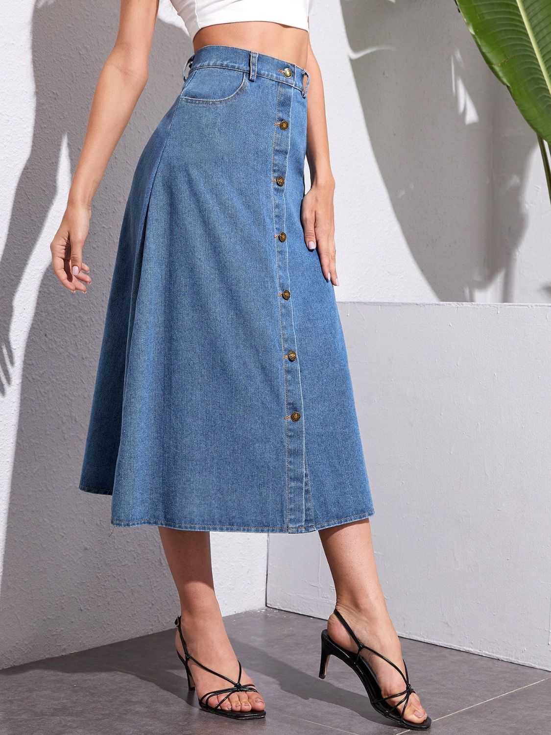 Button Front High-Rise Midi Retro Flare A-line Poque Blue Jean Denim Skirt Pockets