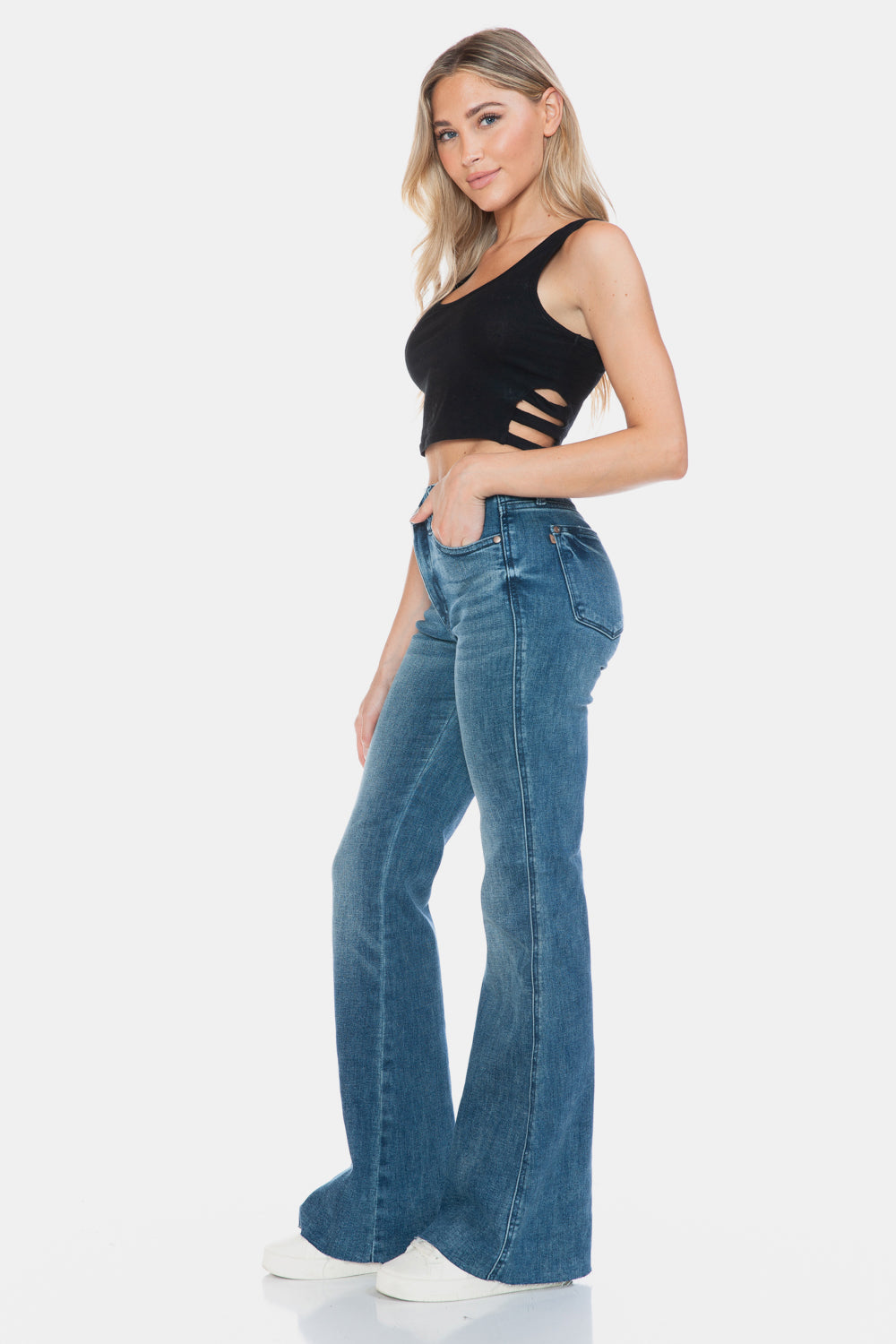 Judy Blue Tummy Control Mid-Rise Jeans Slim Fit Tapered Flare Cut-off Denim Pants