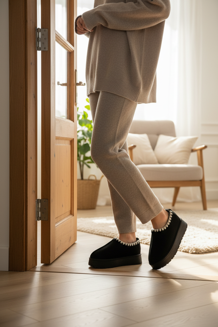 Embroidered Platform Fleece Faux Fur Winter Ankle Boots Slip On House Shoes