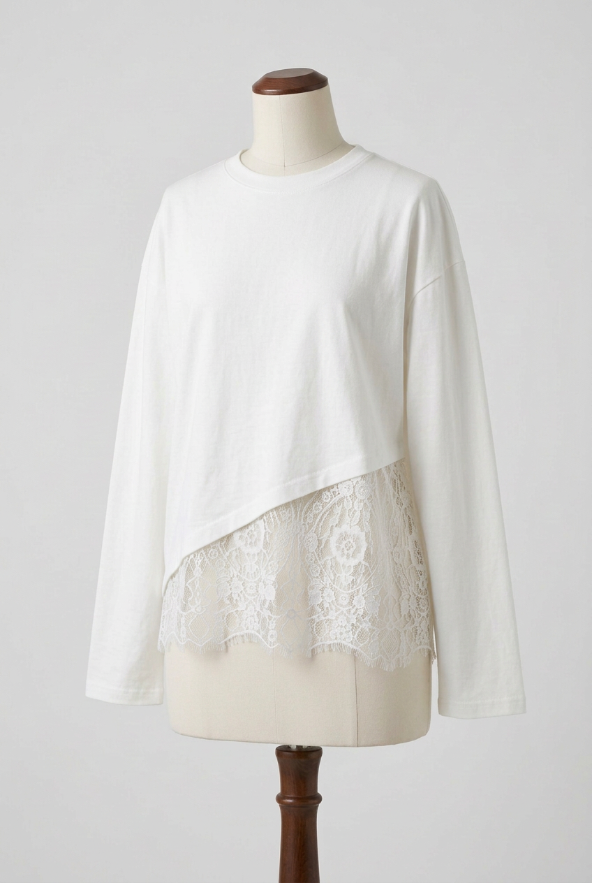 Asymmetrical Lace Scalloped Hem Boxy Blouse Wide Long Sleeve Oversized Top