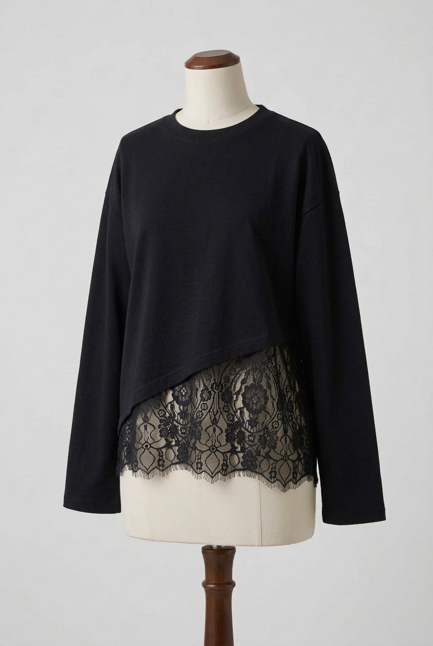 Asymmetrical Lace Scalloped Hem Boxy Blouse Wide Long Sleeve Oversized Top