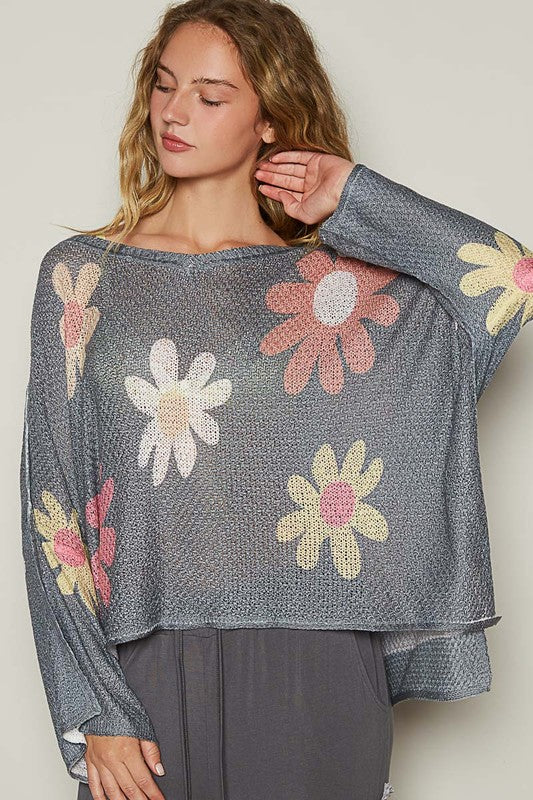 POL Daisy Retro Color Contrast Flower Top Oversized Shirt Pullover Knit Sweater