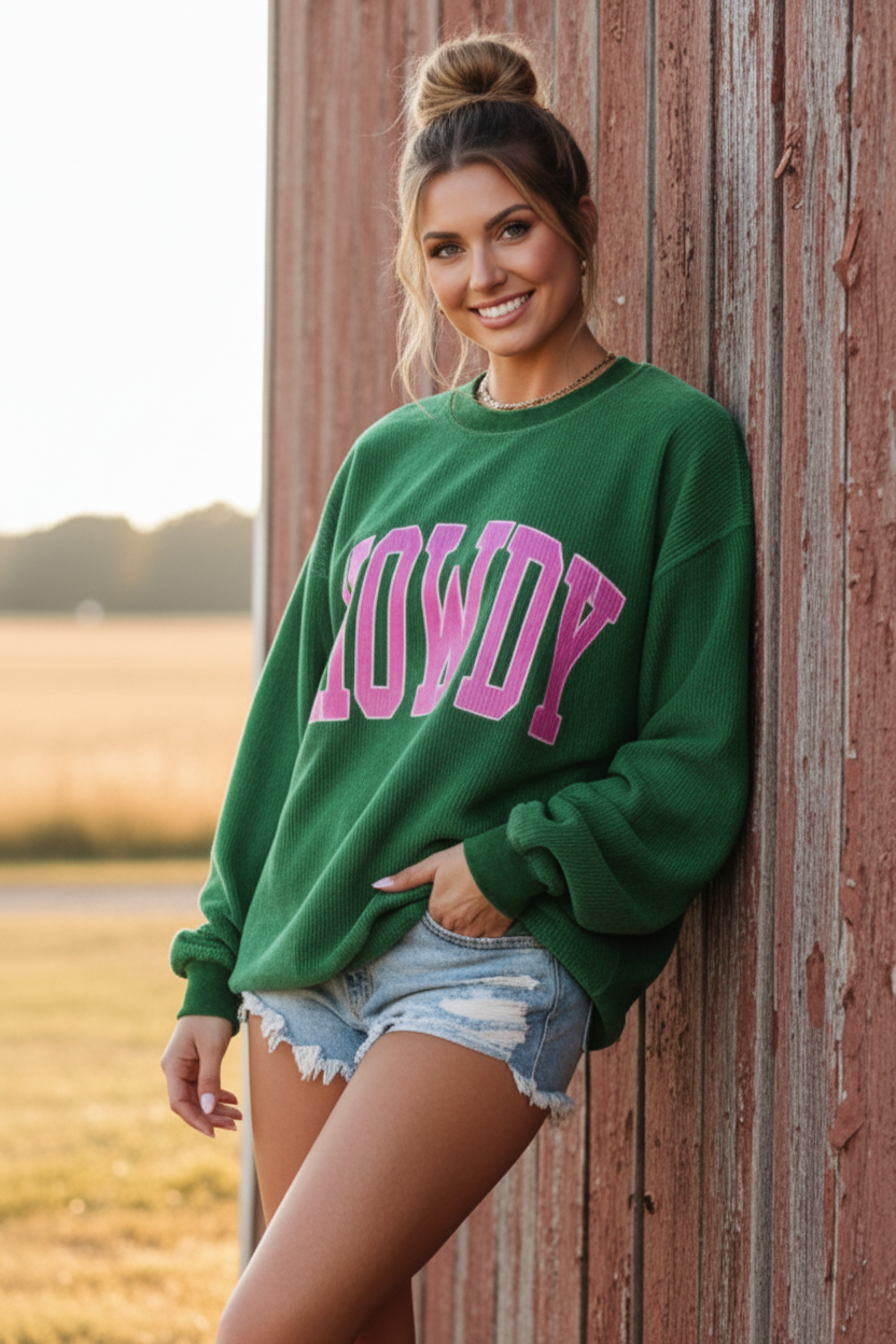 HOWDY Western Top Ribbed Oversized Sweatshirt Long Sleeve Crew Neck Pullover