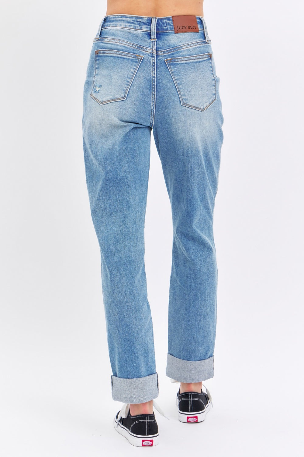 Judy Blue Distressed High-Rise Retro 90s Mom Jeans Torn Straight Leg Cuffed Denim Pants