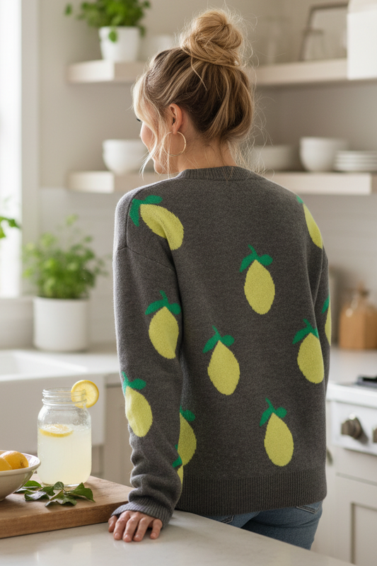 Lemon Intarsia Fruit Knit Crew Neck Long Sleeve Top Ribbed Trim Pullover Sweater