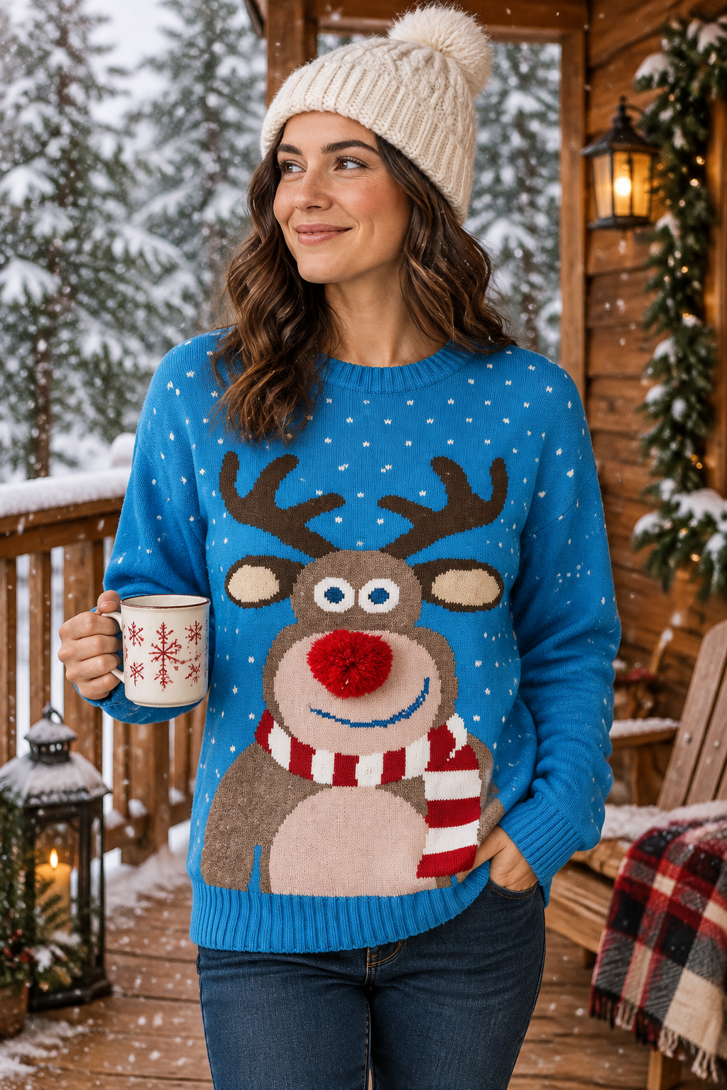 3D Pom-Pom Nose Christmas Reindeer Knit Sweater Crew Neck Long Sleeve Pullover