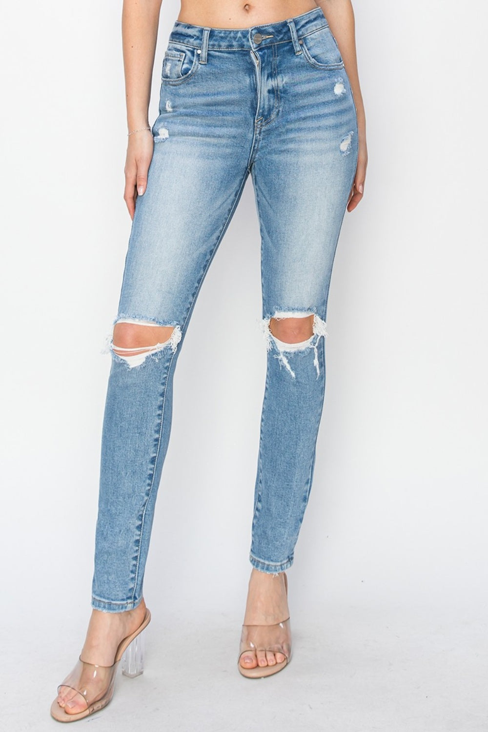 RISEN Skinny High-Rise Distressed Torn Knee Jeans Slim Denim Pants