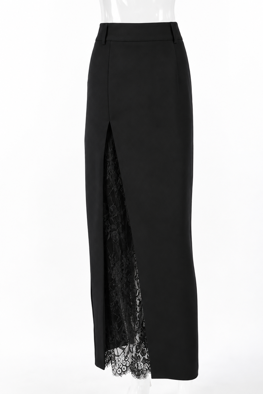 High Waist Scalloped Lace Accent Dramatic High Slit A-Line Zip Back Midi Skirt