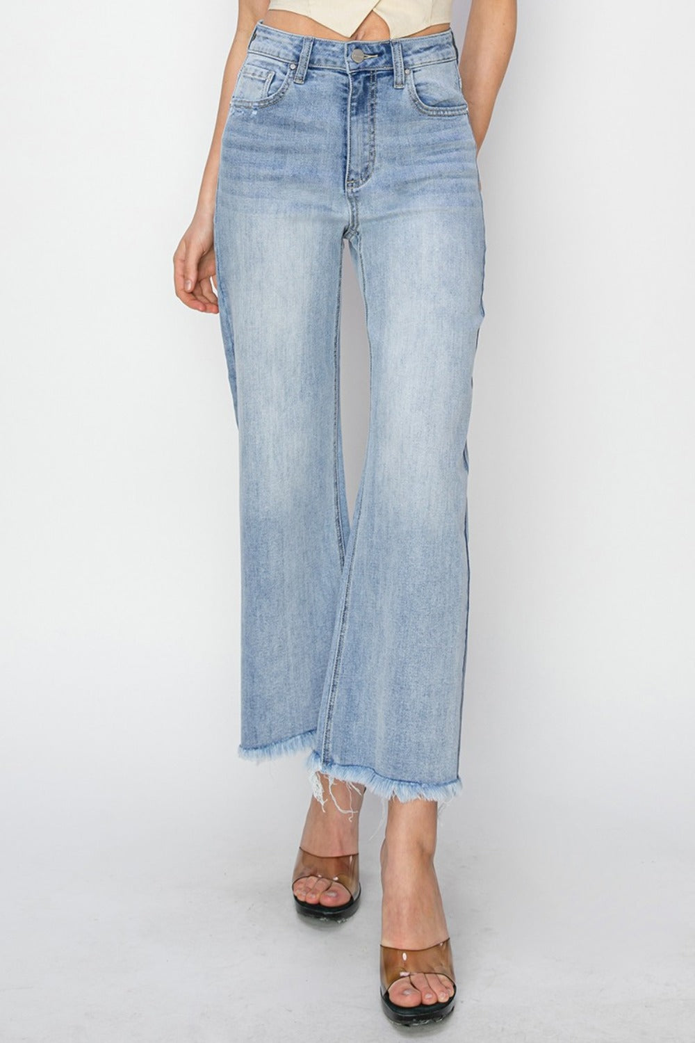 RISEN High-Rise Waist Pants Wide Leg Cropped Raw Frayed Hem Boyfriend Denim Jeans