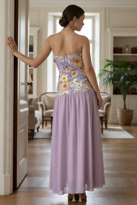 Floral Embroidered Strapless Corset Drop Waist Colorful Fit and Flare Maxi Dress