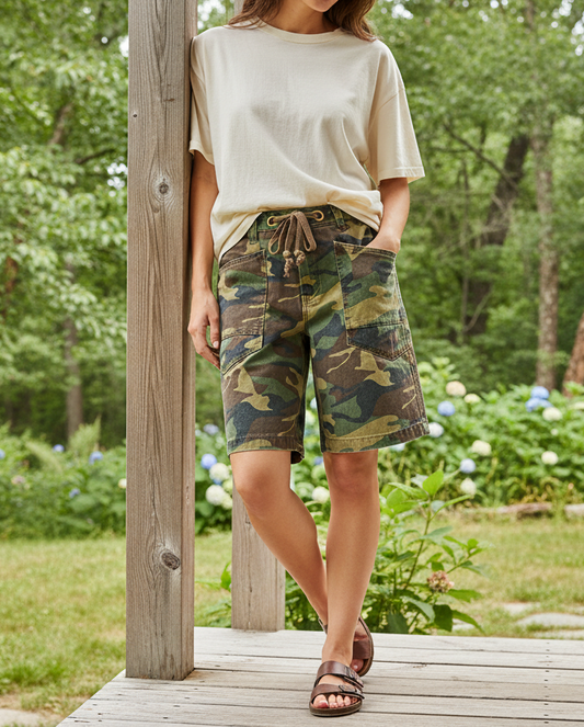 Risen Camo High-Rise Drawstring Patch Pocket Bermuda Boyfriend Fit Denim Shorts