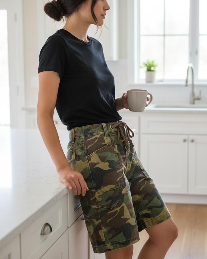 Risen Camo High-Rise Drawstring Patch Pocket Bermuda Boyfriend Fit Denim Shorts