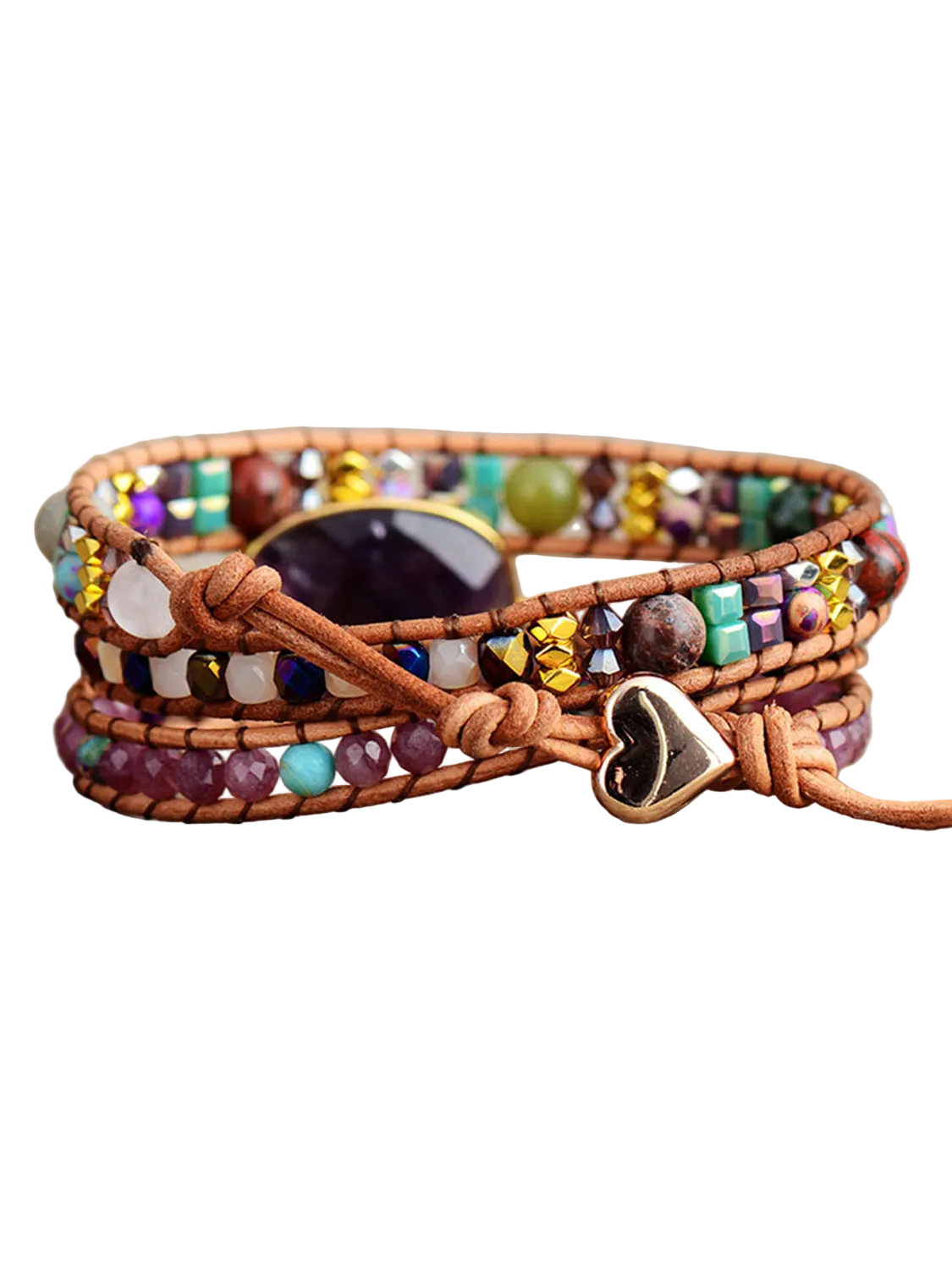 Natural Stone Amethyst Imperial Jasper Agate Multi-Strand Gemstone Wrap Bracelet