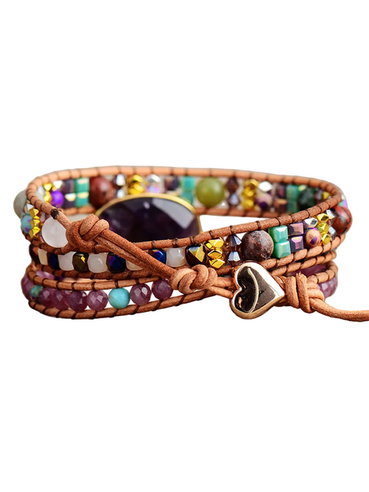 Natural Stone Amethyst Imperial Jasper Agate Multi-Strand Gemstone Wrap Bracelet
