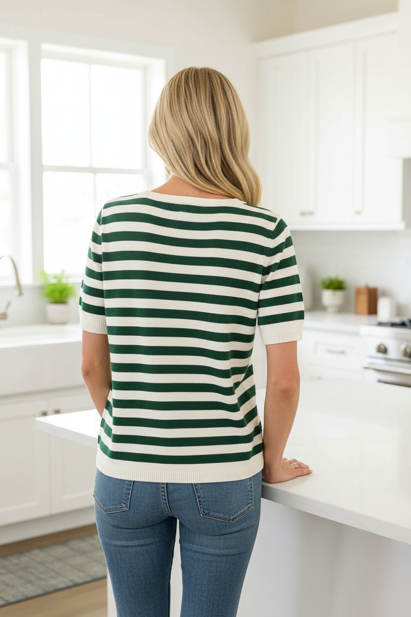 Zenana Knit Top Split Neck Preppy Stripe Short Sleeve Sweater Shirt Green
