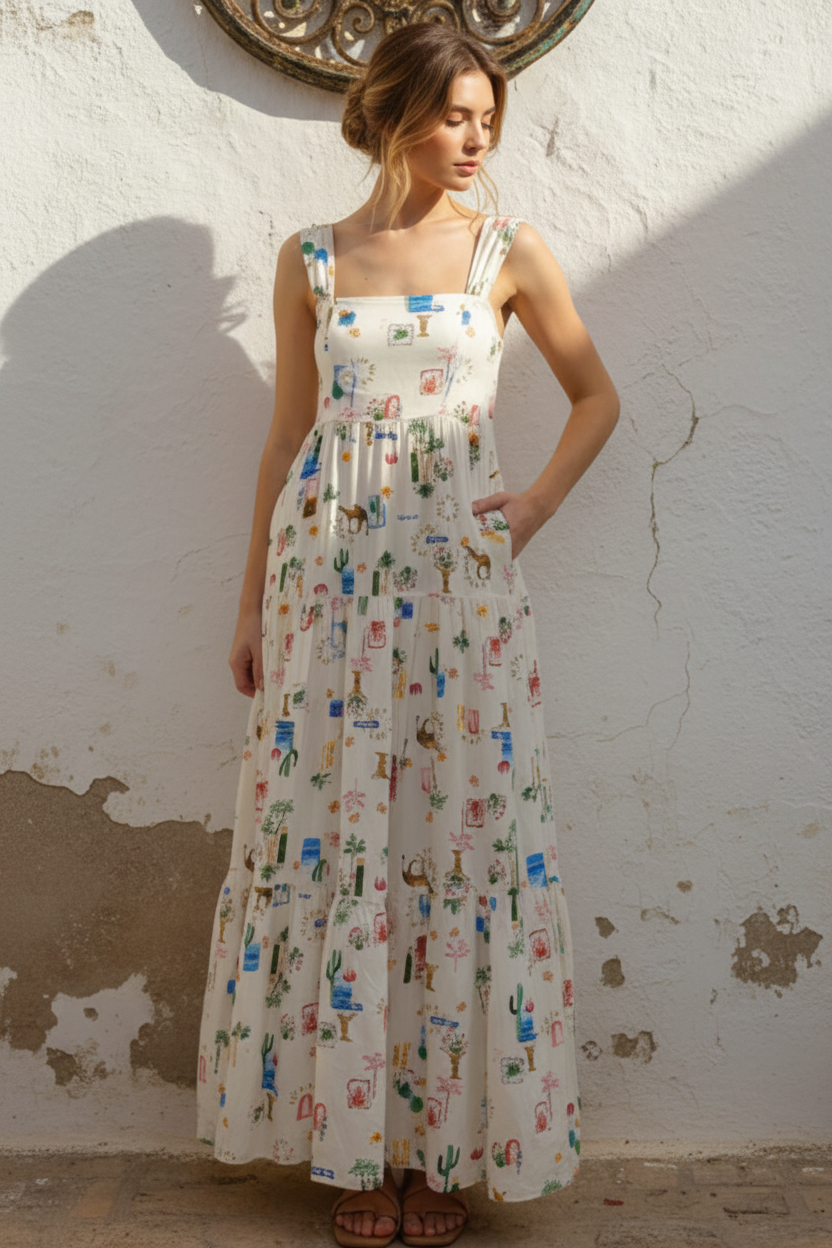 Dramatic Tie Back Mediterranean Square Neck Wide Strap Tiered Maxi Dress