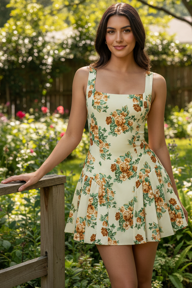 Retro Floral Princess Seam Box-Pleated Sleeves Square Neck Ultra Mini Skater Dress
