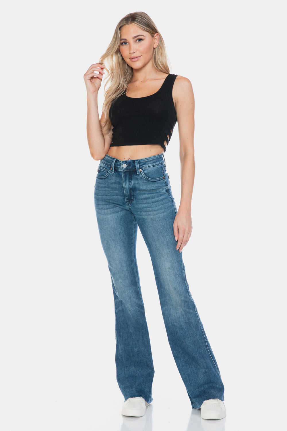 Judy Blue Tummy Control Mid-Rise Jeans Slim Fit Tapered Flare Cut-off Denim Pants