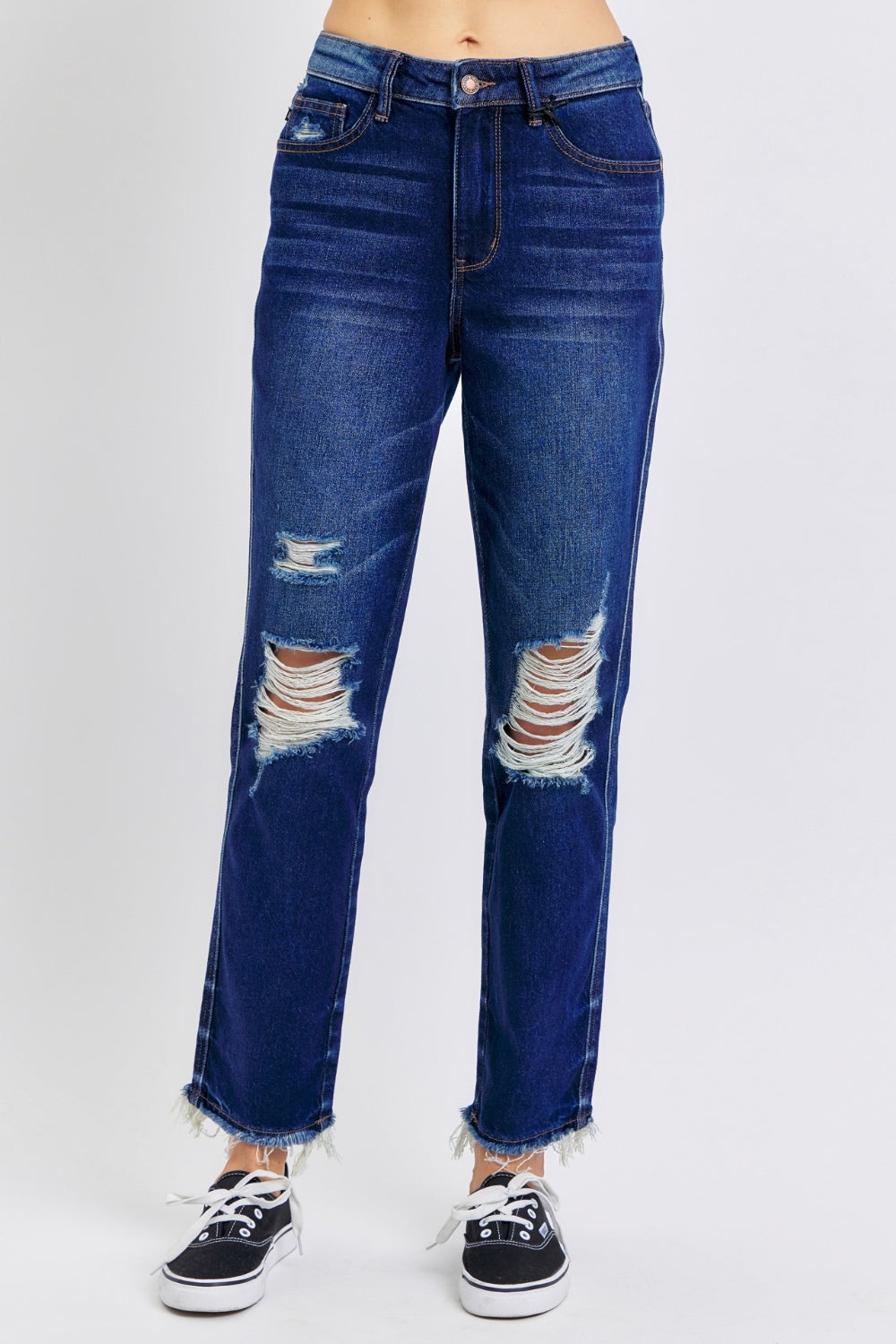 Judy Blue Tummy Control High-Rise Distressed Ridged Front Stretch Straight Leg Jeans Denim Pants