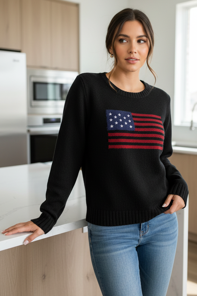 American USA Flag Stars & Stripes Round Neck Long Sleeve Pullover Knit Sweater