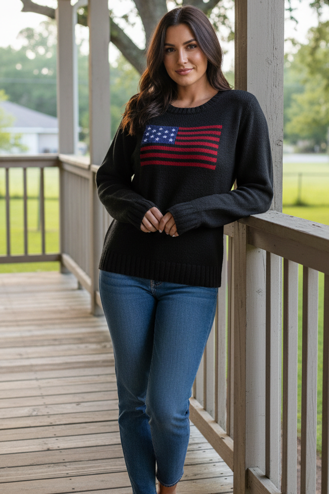 American USA Flag Stars & Stripes Round Neck Long Sleeve Pullover Knit Sweater