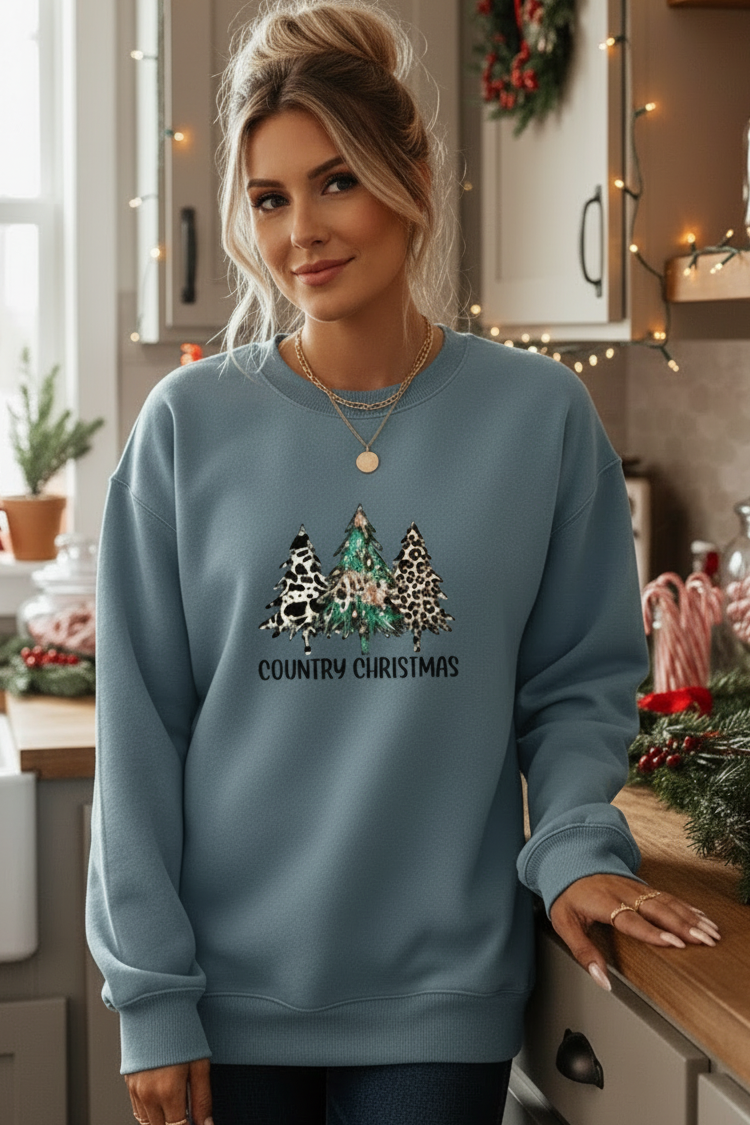 Country Christmas Animal Tree Western Cowgirl Top Crew Neck Pullover Sweatshirt